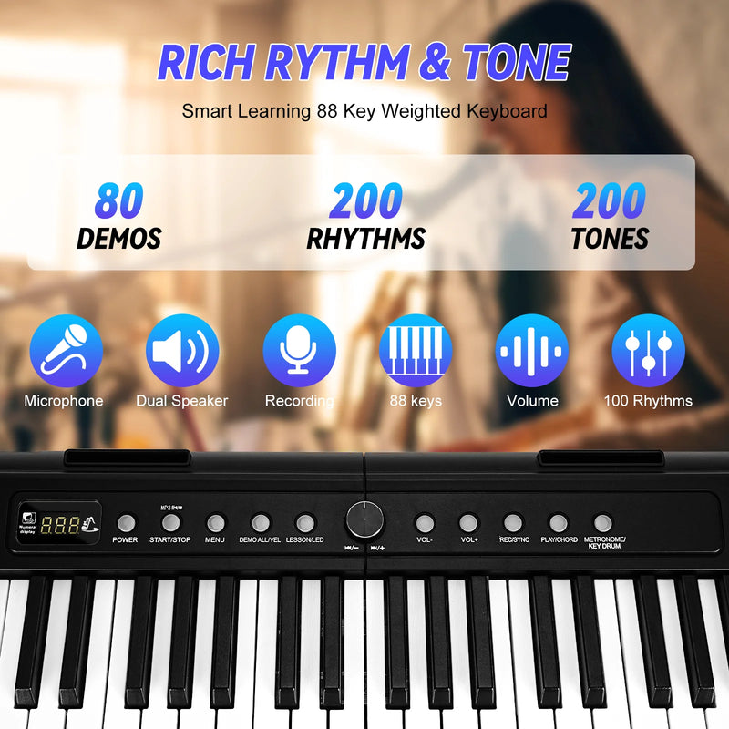 Digital Piano 88 Key with Semi-Weighted Keys, Full-Size 88 Key Keyboard Piano for Beginner, with Power Adapter, Sustain Pedal, Bluetooth, MIDI, for Beginner Professional at Home, Stage