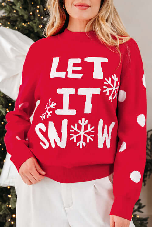 Festive red sweater with 'LET IT SNOW' design, perfect for Christmas Goodies Christmas Gifts.