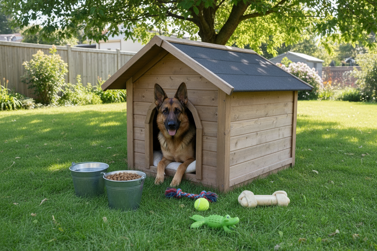 dog houses for all sizes large and small, dog sitting in a wooden dog house with toys and bowls in the garden.