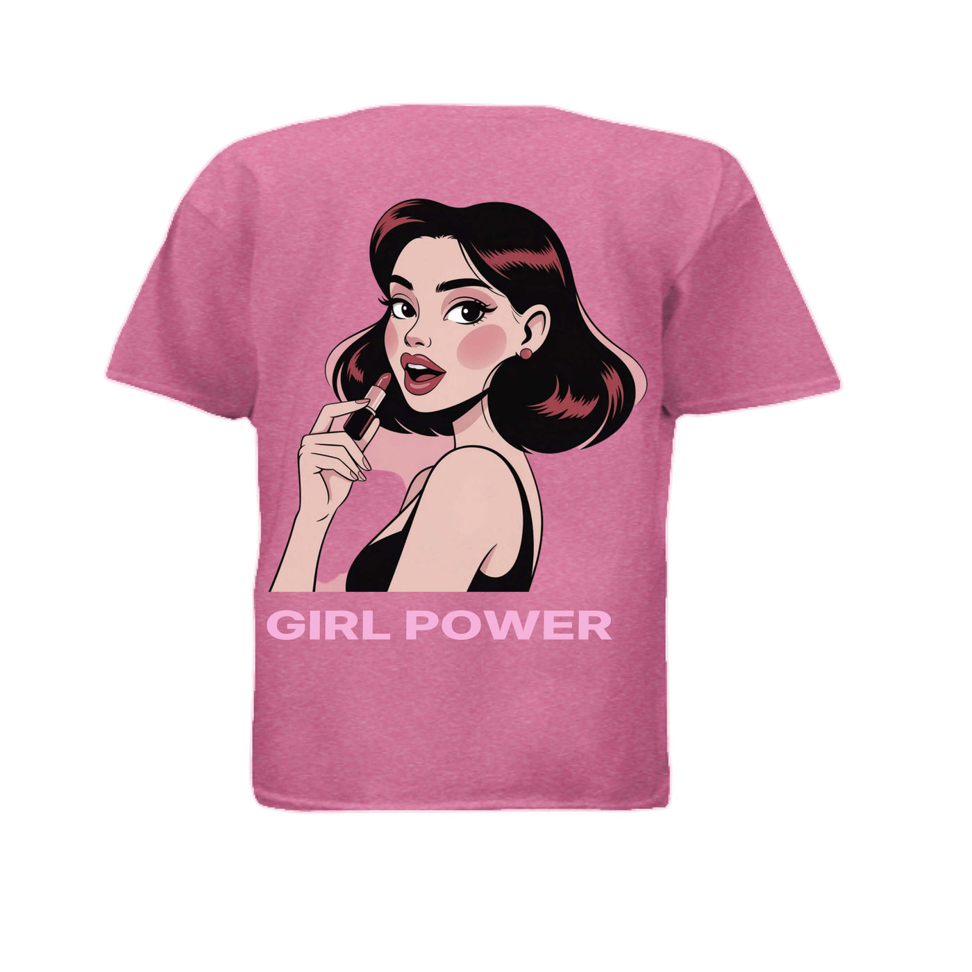 Young girls tshirt featuring a graphic of a girl with lipstick and 'GIRL POWER' text, Pannell Brands collection.