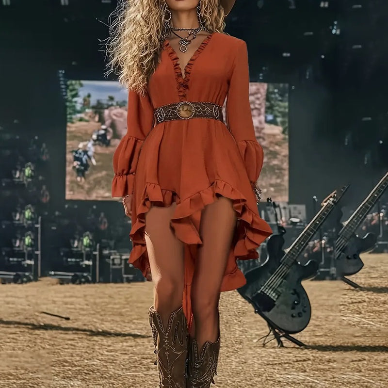 Women Sexy Deep V Neck Western Denim Dress Without Belt