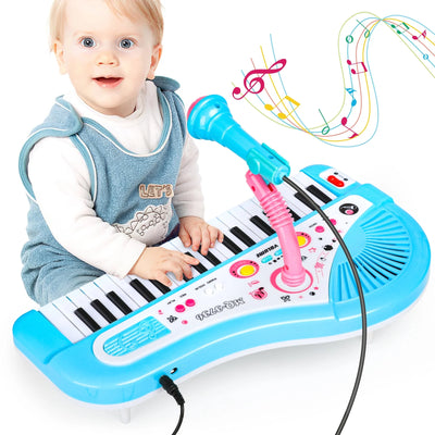 Baby Piano Toys for Kids, Blue Musical Baby Piano Keyboard Instrument with Microphone for Toddlers, Christmas Gift for Girls Boys Aged