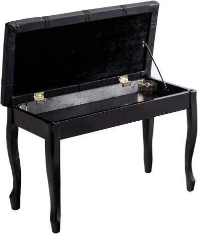 Piano Bench Stool with Padded Cushion and Music Storage, Heavy Duty Piano Duet Seat with PU Leather Padded Seat and Solid Wooden Legs, Perfect for Home Use (Black)
