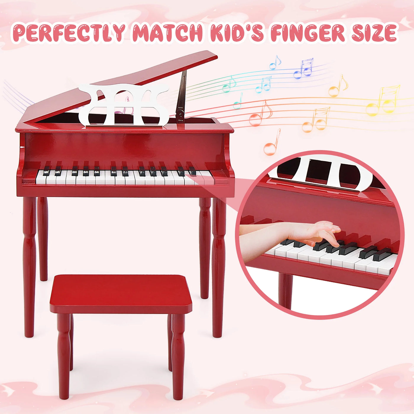 30-Key Classic Baby Grand Piano Toddler Toy Wood W/ Bench & Music Rack Red