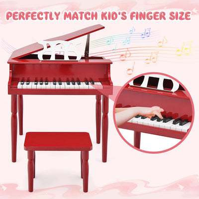 30-Key Classic Baby Grand Piano Toddler Toy Wood W/ Bench & Music Rack Red