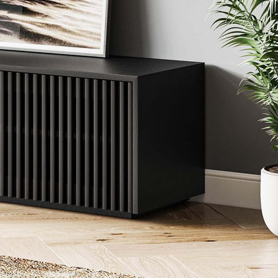 65 Inch Black Solid Wood TV Stand With Oak Veneer Finish