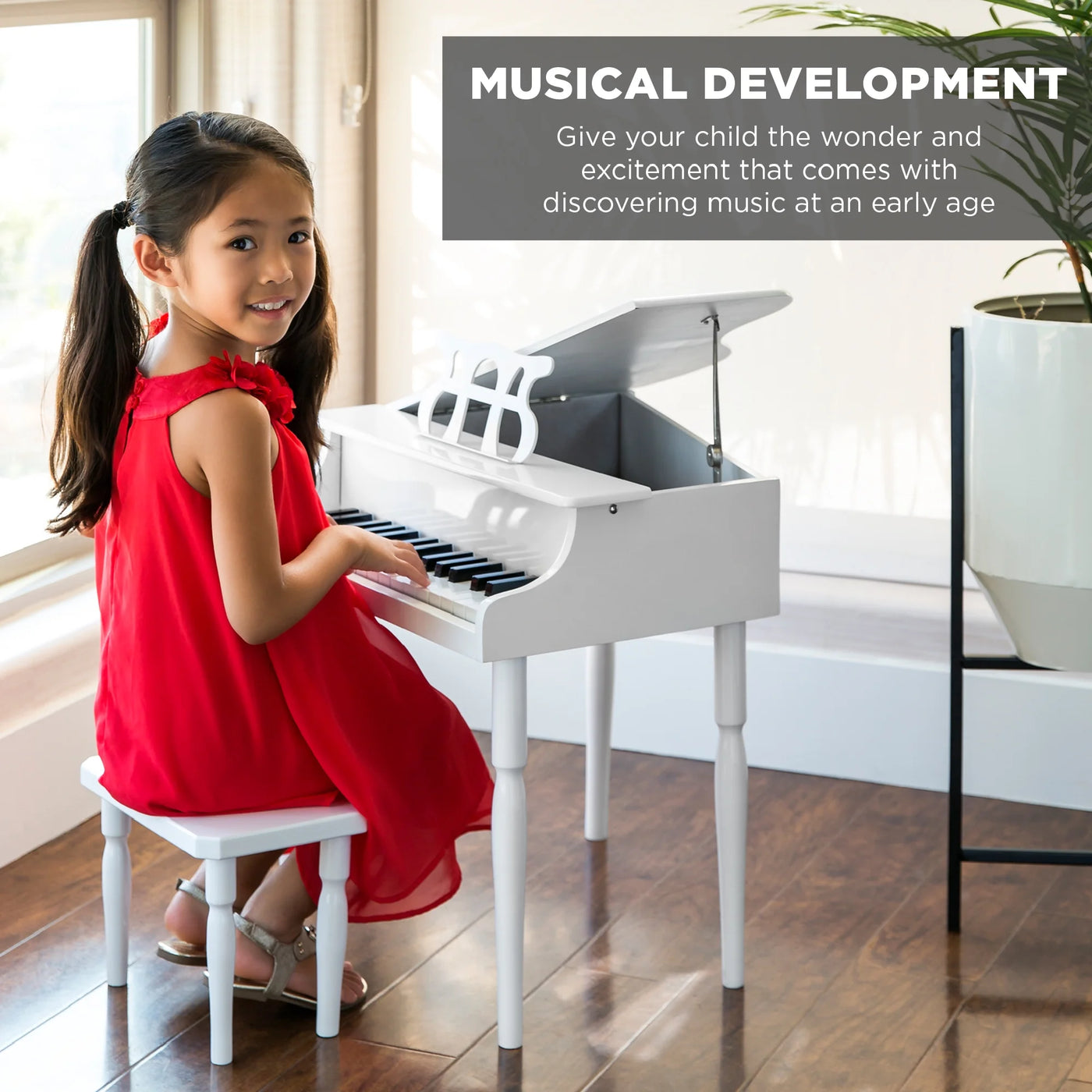 Kids Classic 30-Key Mini Piano W/ Lid, Bench, Folding Music Rack, Song Book, Stickers - White