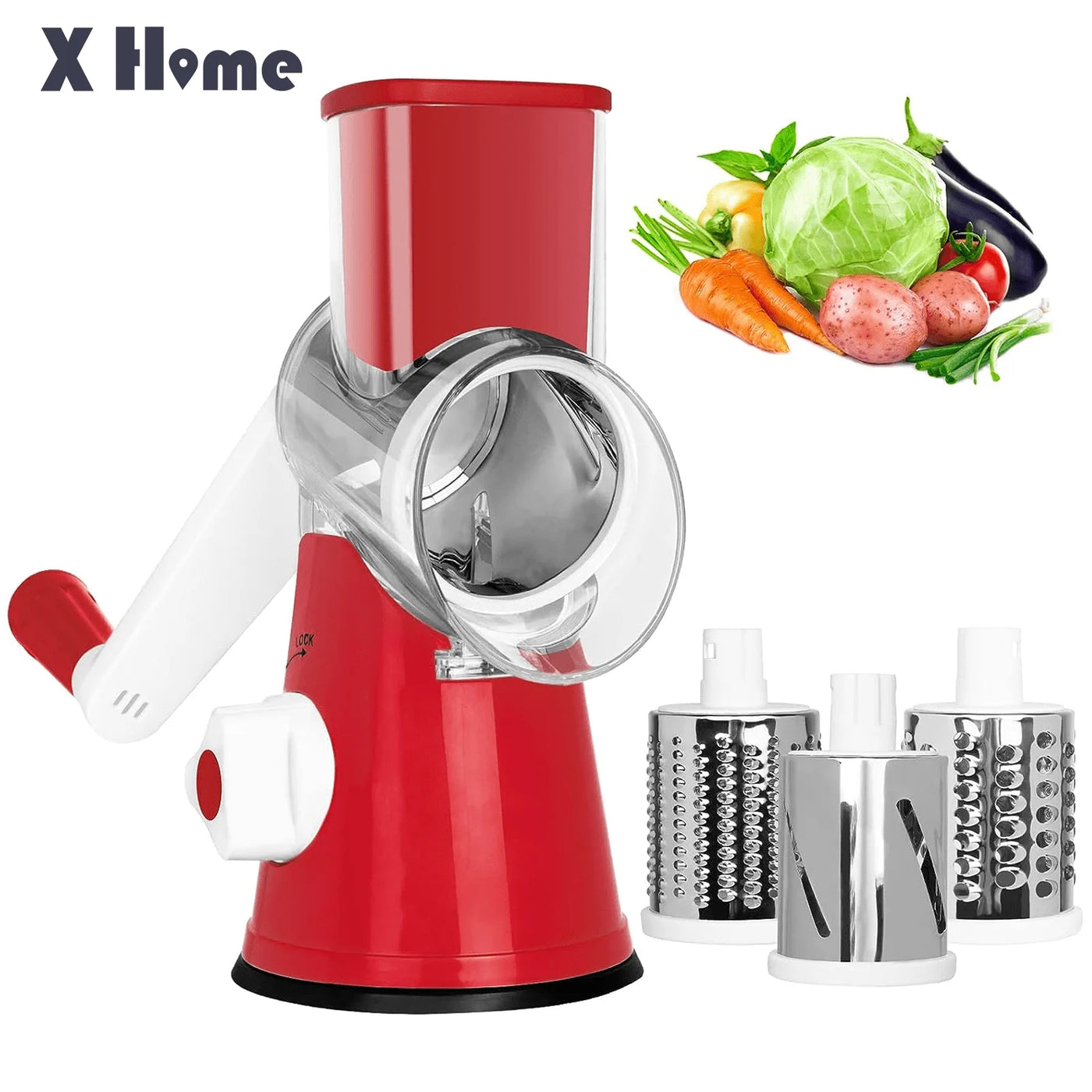 Cheese Grater Rotary, Kitchen Mandoline Vegetable Slicer with 3 Interchangeable Blades, Grater Slicer for Fruit, Vegetables, Nuts,Dishwasher Safe,Red