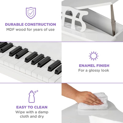 Kids Classic 30-Key Mini Piano W/ Lid, Bench, Folding Music Rack, Song Book, Stickers - White
