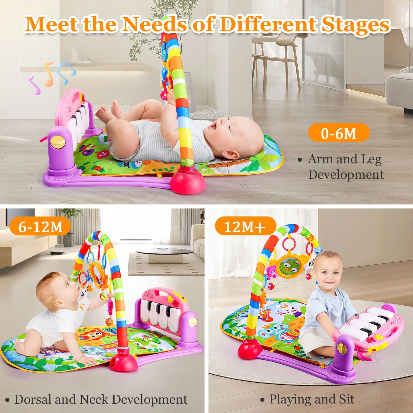 Musical Baby Gyms Play Mats, Funny Play Piano Tummy Time Baby Activity Gym Mat with 5 Infant Learning Sensory Baby Toys, Music and Lights, Baby Play Mat for Infant 0 to 12 Months+, Pink