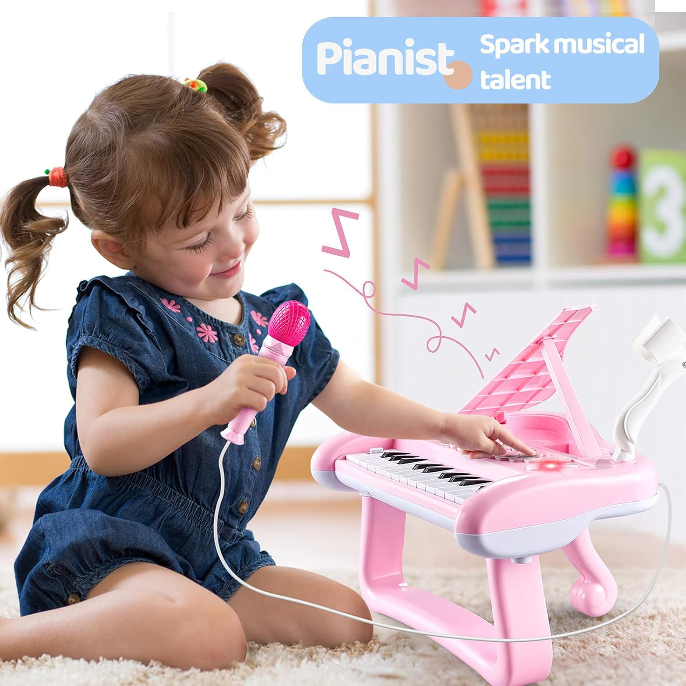 Girls First Birthday Gift Pink Piano Toy for 2 3 Year Old Toddler, Kids Musical Keyboard Instrument with Microphone, Baby Education Present