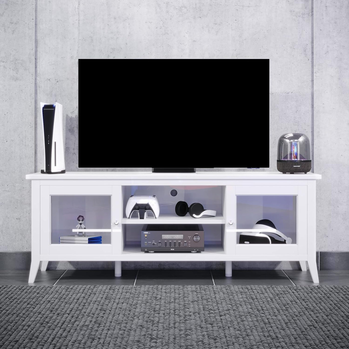 55 Inch TV Stand White With Storage Shelves And Cubbies