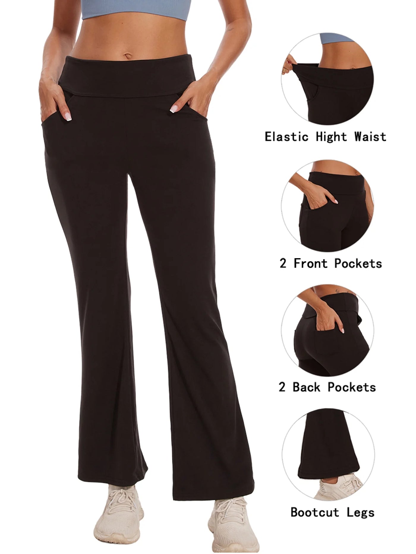 Womens Bootcut Yoga Pants with Pockets High Waist Bootleg Trousers Workout Gym Flare Legging Activewear Black M
