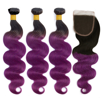 Body Wave 10A Grade Purples #1B/ purple 3/4 BUNDLES with CLOSURES & FR