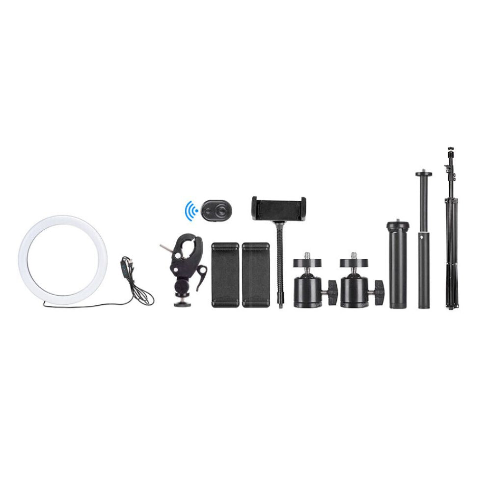 LED Ring Light With Phone Tripod Stand Kit 10" components showing light, tripods, phone holder, and remote.