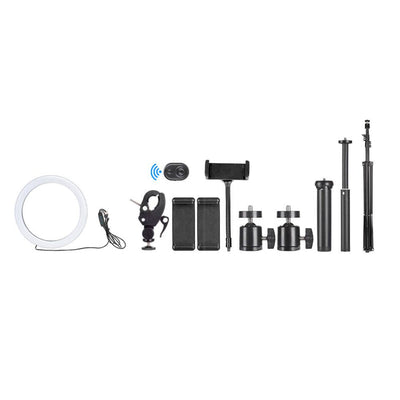 LED Ring Light With Phone Tripod Stand Kit 10" components showing light, tripods, phone holder, and remote.
