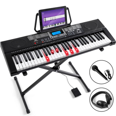 61 Lighted Keys Electronic Keyboard Piano Set with USB MIDI, Headphones, Microphone, Sustain Pedal, Stand for Beginner