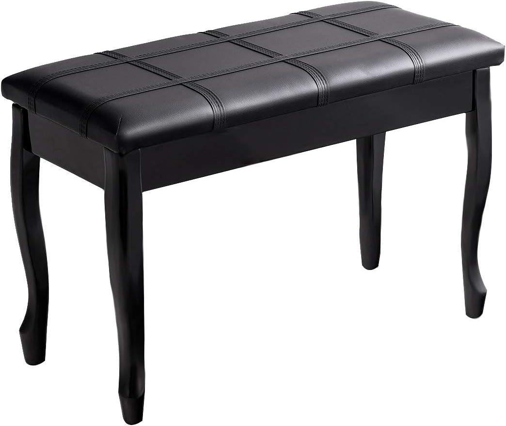 Piano Bench Stool with Padded Cushion and Music Storage, Heavy Duty Piano Duet Seat with PU Leather Padded Seat and Solid Wooden Legs, Perfect for Home Use (Black)