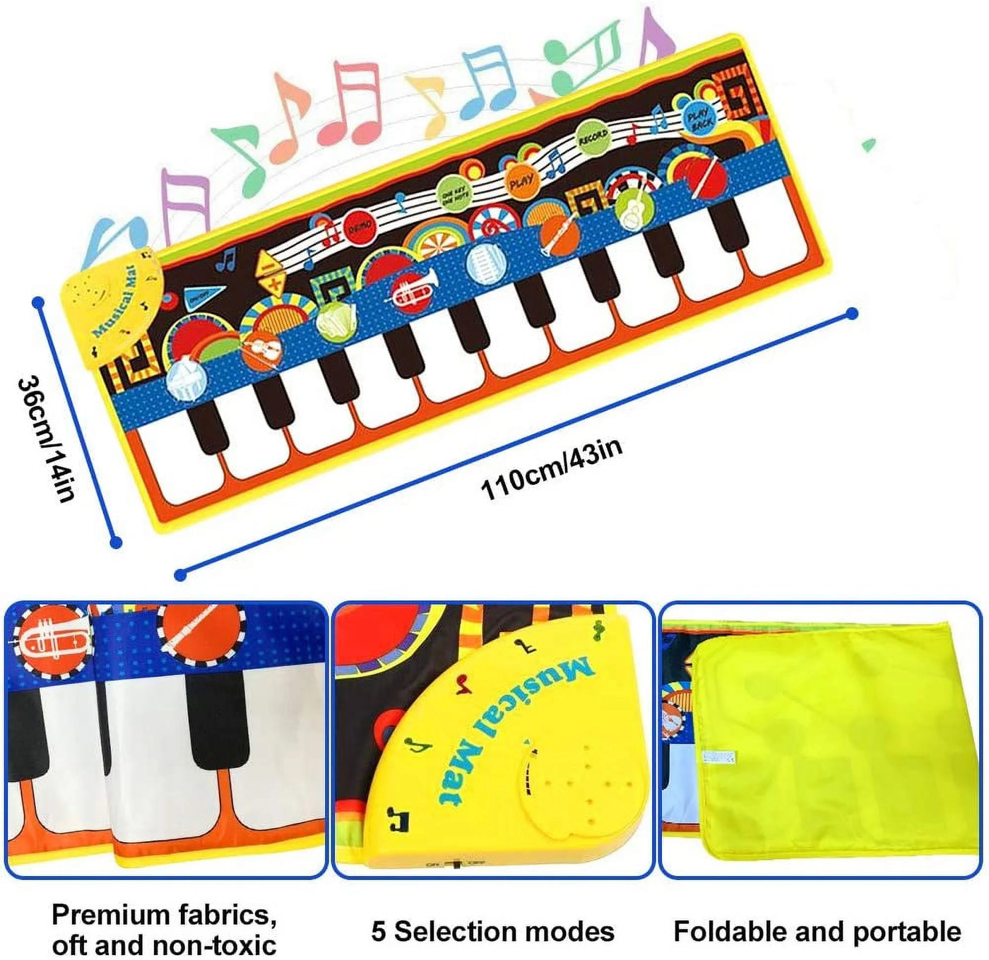Piano Play Music Mat for Kids - Touch, Step on Keyboard and 8 Selectable Musical Instruments