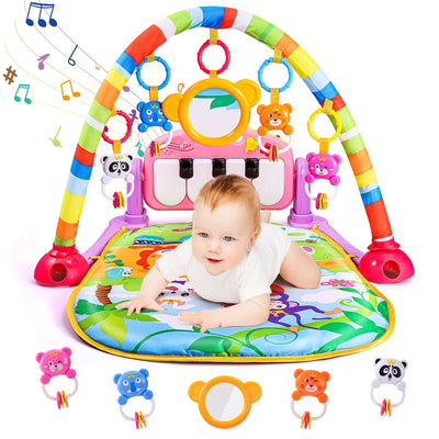Musical Baby Gyms Play Mats, Funny Play Piano Tummy Time Baby Activity Gym Mat with 5 Infant Learning Sensory Baby Toys, Music and Lights, Baby Play Mat for Infant 0 to 12 Months+, Pink