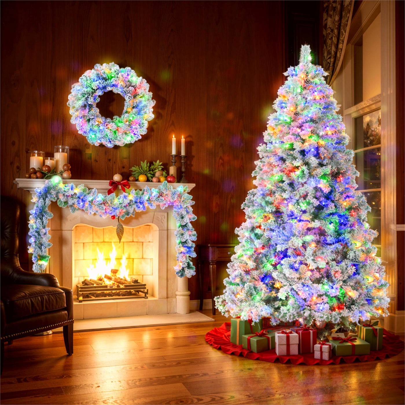 6FT Snow Flocked Christmas Tree Pre Lit Set with Garland
