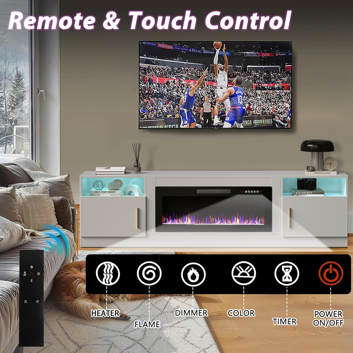 80 Inch Electric Fireplace TV Stand With LED Lights