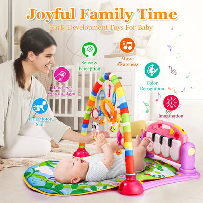 Musical Baby Gyms Play Mats, Funny Play Piano Tummy Time Baby Activity Gym Mat with 5 Infant Learning Sensory Baby Toys, Music and Lights, Baby Play Mat for Infant 0 to 12 Months+, Pink