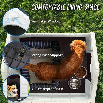 Plastic Dog House Outdoor Indoor for Small Medium Large Dogs,Waterproof Dog Houses with Elevated Floor and Air Vents,Durable Ventilate & Easy Clean and Assemble