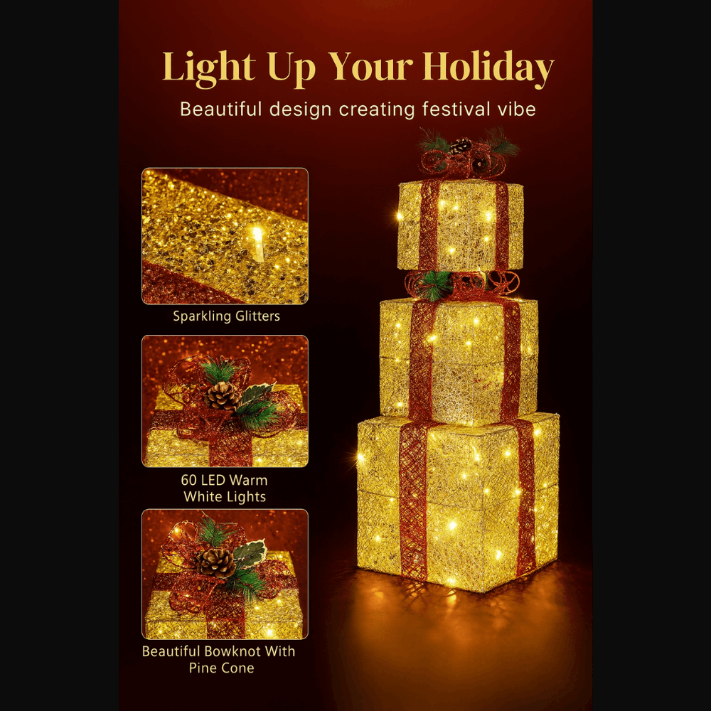 3pcs Lighted Christmas Gift Boxes Set  10" 8" 6" Golden LED Present