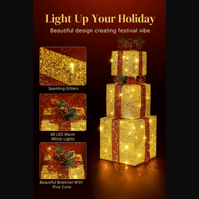 3pcs Lighted Christmas Gift Boxes Set  10" 8" 6" Golden LED Present