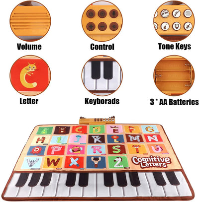 Baby Musical Mat with 26 Letters Kids Piano Keyboard Playmat Children Crawling Blanket Toy 27.56" X 39.37" for 1-4 Years Old Kids