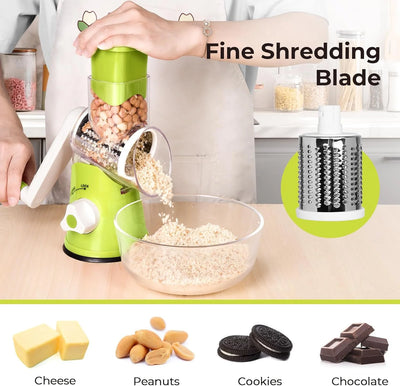 Rotary Cheese Grater, Manual Cheese Grater with Handle, Vegetables Slicer Cheese Shredder with Rubber Suction Base, 3 Stainless Drum Blades Included，Green