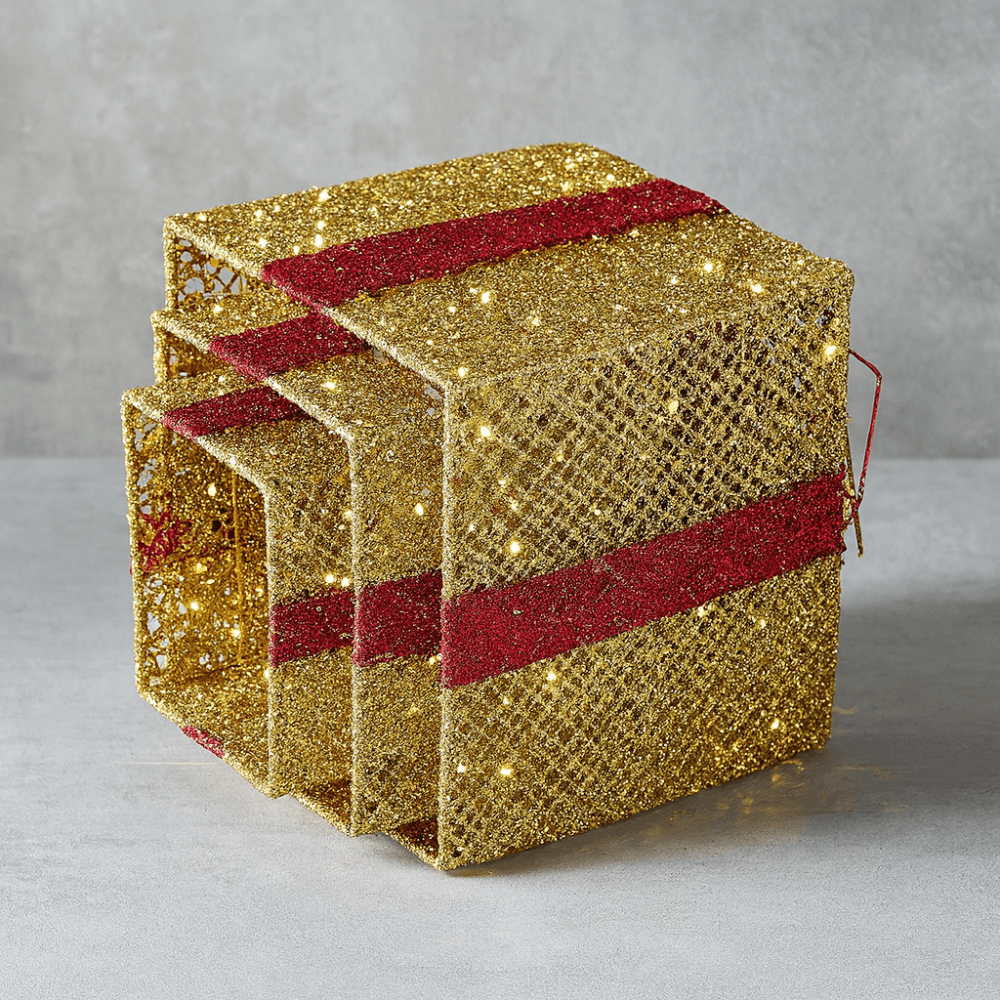 3pcs Lighted Christmas Gift Boxes Set  10" 8" 6" Golden LED Present