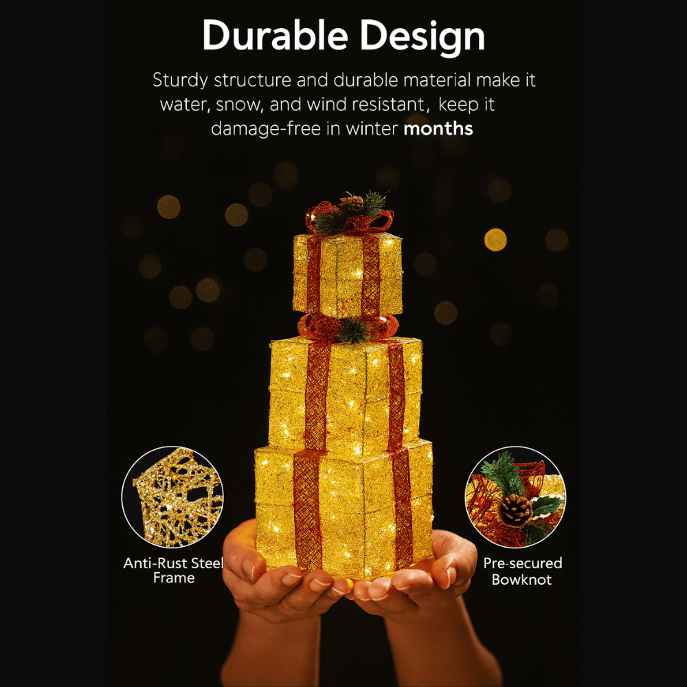 3pcs Lighted Christmas Gift Boxes Set  10" 8" 6" Golden LED Present