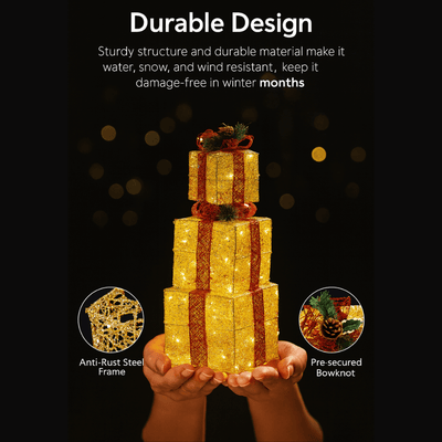 3pcs Lighted Christmas Gift Boxes Set  10" 8" 6" Golden LED Present