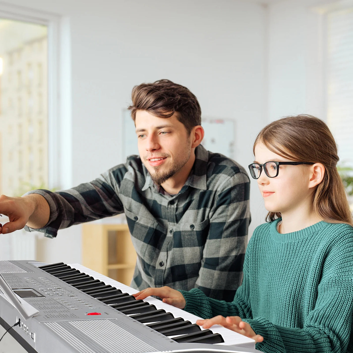 Glarry 61 Keys Keyboard Piano with Stand, Bench, Built in Speakers for Beginners, Sliver