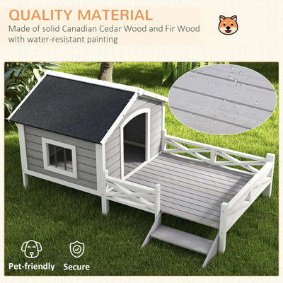 66" Outdoor Dog House, Large Wooden Dog Kennel with Porch, Cabin House Style Pet Houses for Cats, Gray