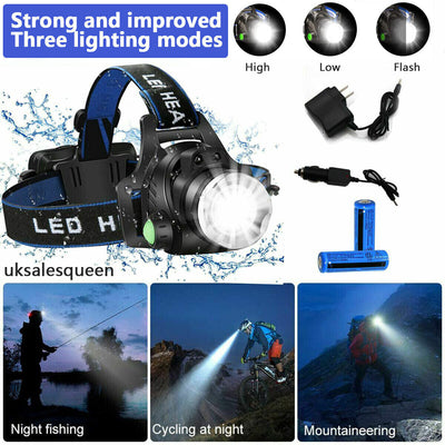 990000LM Rechargeable LED Headlamp Zoomable Torch Tactical Headlight