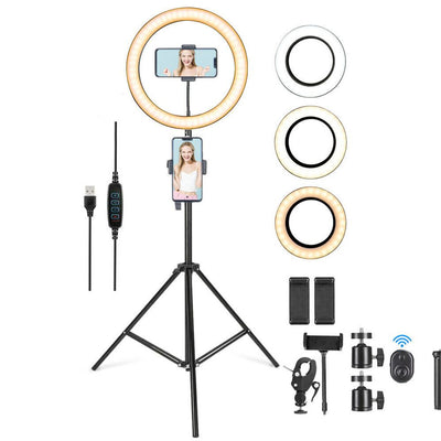 LED Ring Light With Phone Tripod Stand Kit 10" featuring adjustable height tripod and phone holder for selfies and live streaming.