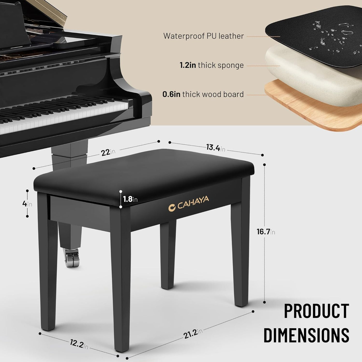 Piano Bench with Storage Compartment - Piano Stool Chair Seat with 1.2In Thick P
