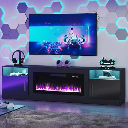 80 Inch TV Stand Electric Fireplace With LED Lighting Black