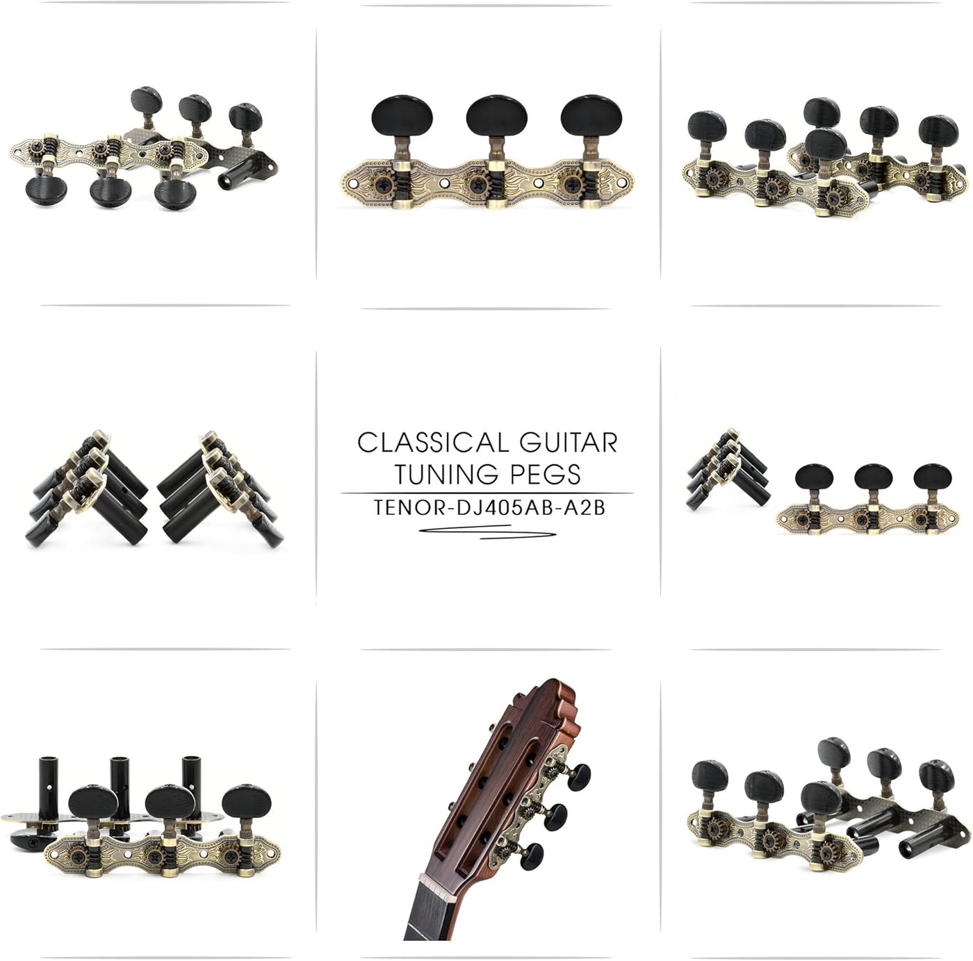 DJ405AB-A2B TENOR Classical Guitar Tuners, Tuning Key Pegs/Machine Heads for Classical or Flamenco Guitar with Antique Brass Finish and Ebony Colored Buttons.