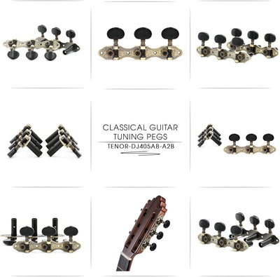 DJ405AB-A2B TENOR Classical Guitar Tuners, Tuning Key Pegs/Machine Heads for Classical or Flamenco Guitar with Antique Brass Finish and Ebony Colored Buttons.
