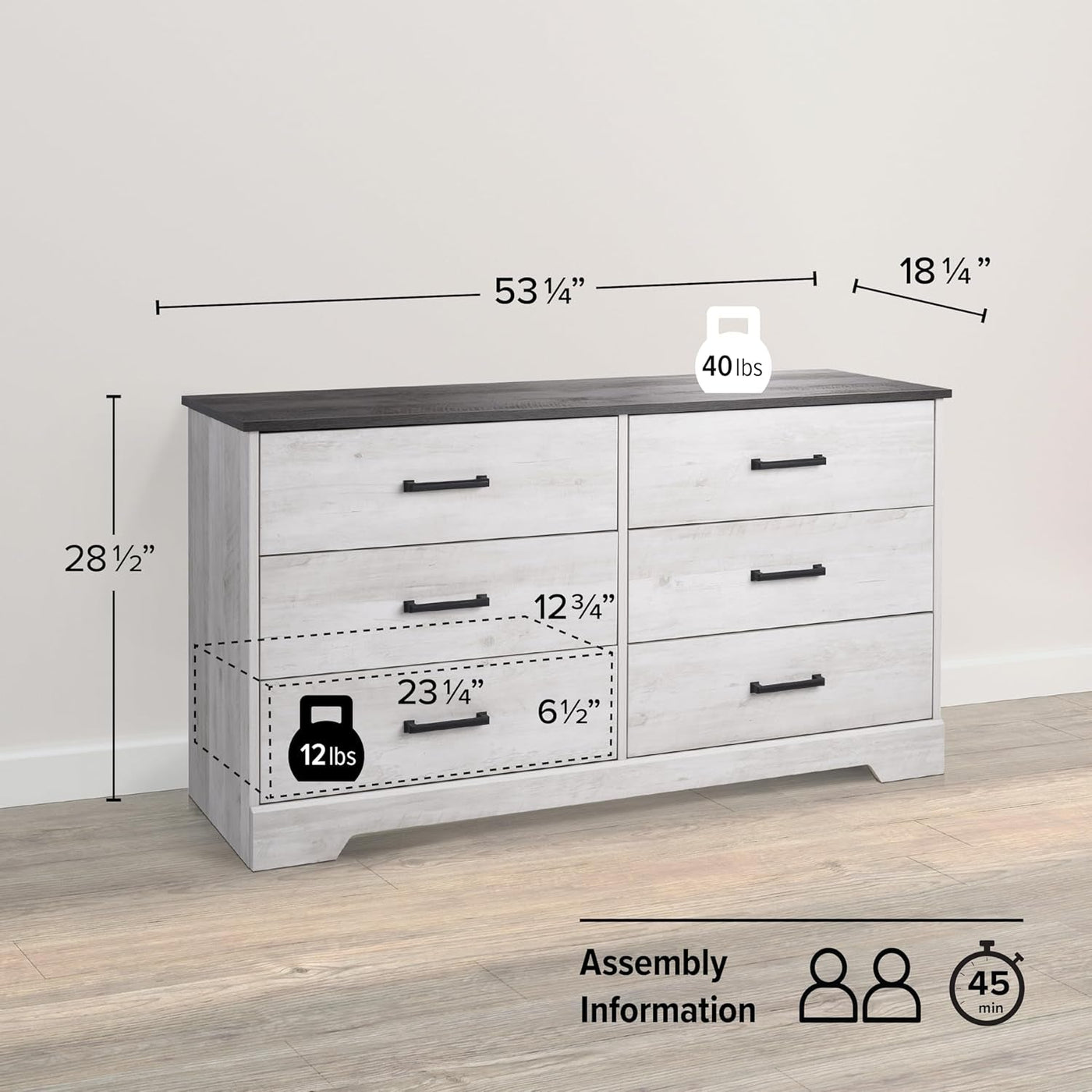 Rustic Ridge Farmhouse 6-Drawer Double Dresser, Washed White Dresser