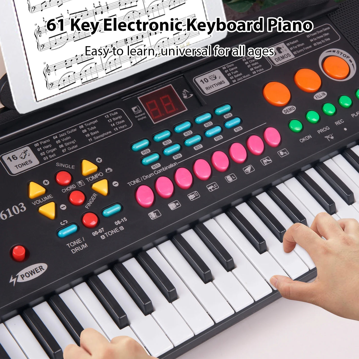 61-Key Keyboaed Piano with Dual Speaker, Microphone and Stand or Kids, Adult & Beginners, Black