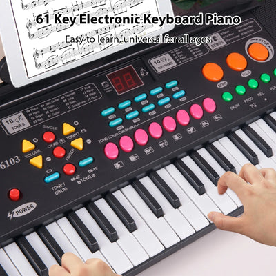 61-Key Keyboaed Piano with Dual Speaker, Microphone and Stand or Kids, Adult & Beginners, Black