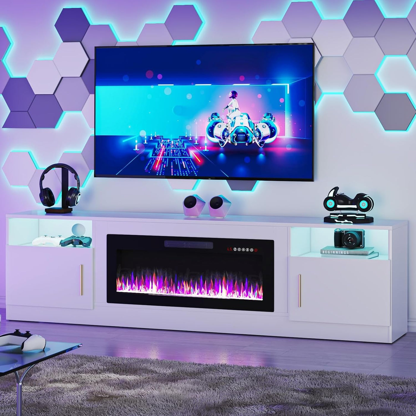80 Inch Electric Fireplace TV Stand With LED Lights