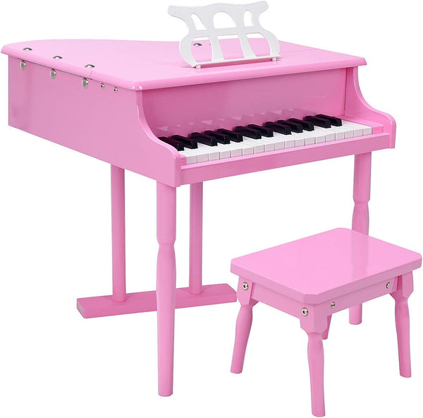 30-Key Classical Kids Piano, Mini Grand Piano Wooden Learn-To-Play Musical Instrument Toy with Bench, Piano Lid, Music Rack, Gift for Boys Girls Aged 2+ Baby Toddler (3 Straight Leg-Pink)