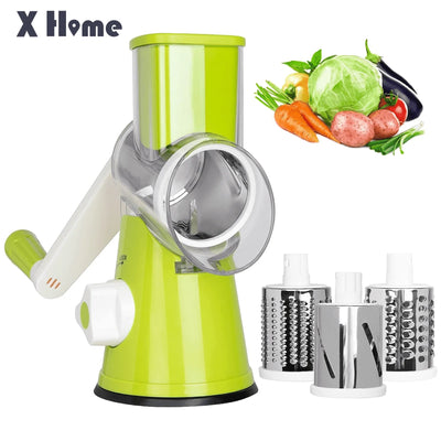 Rotary Cheese Grater, Manual Cheese Grater with Handle, Vegetables Slicer Cheese Shredder with Rubber Suction Base, 3 Stainless Drum Blades Included，Green