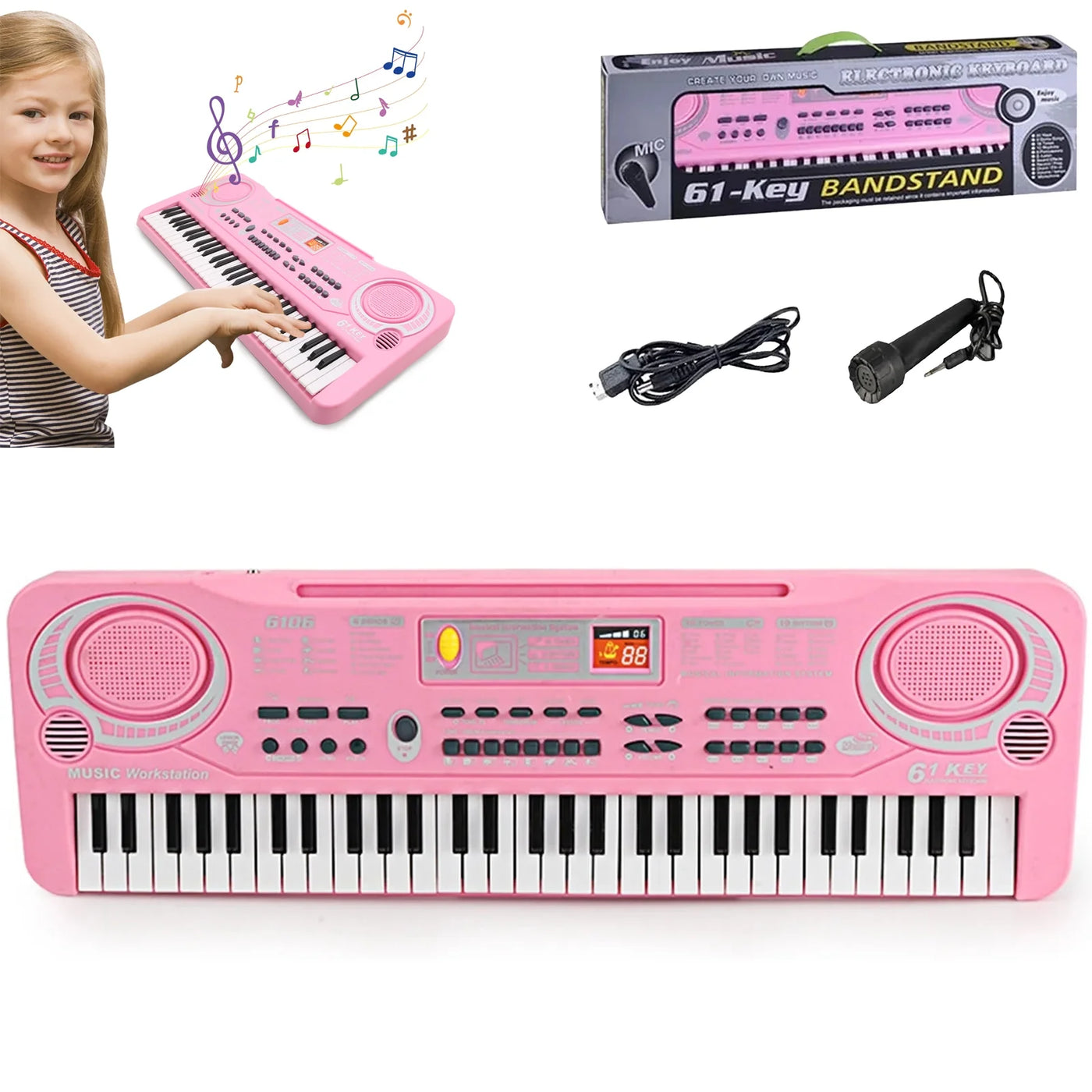 Kids Keyboard Piano,Portable 61 Keys Keyboard Electronic Digital Piano,Early Learning Educational Musical Piano Toy Keyboard for Beginners with Microphone (Pink)